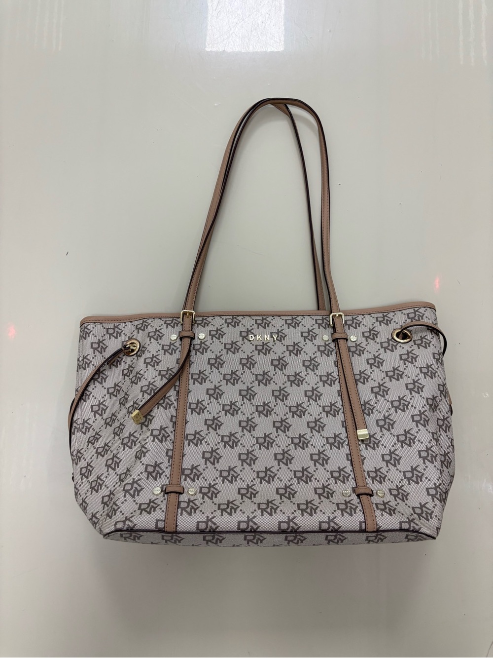 DKNY Beige Logo Tote with Tan Trim and Gold Hardware